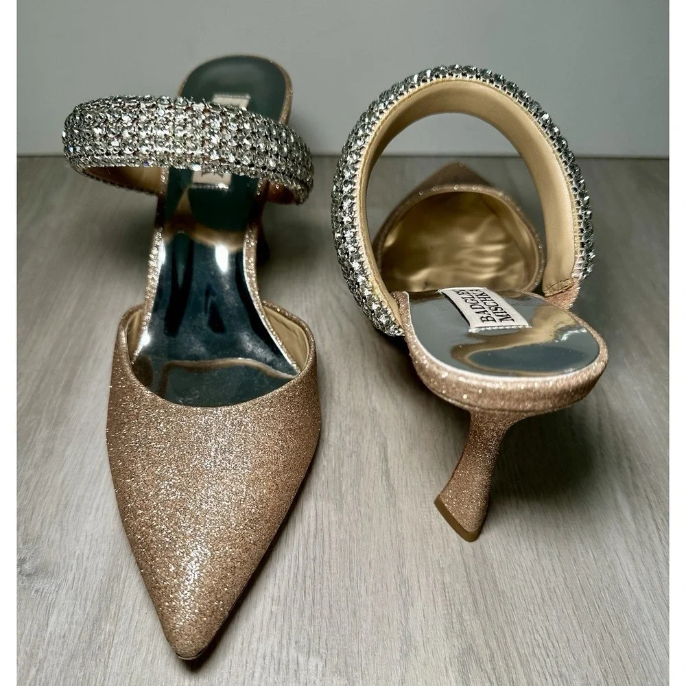 Badgley Mischka Nori Mules Women 8 Rose Gold Excellent Crystal Glitter Heels